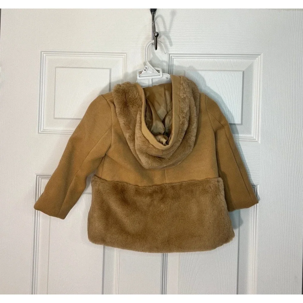 Max Studio Kids Hooded Jacket Mittens 12M Camel NEW Faux Fur 3 Piece Set